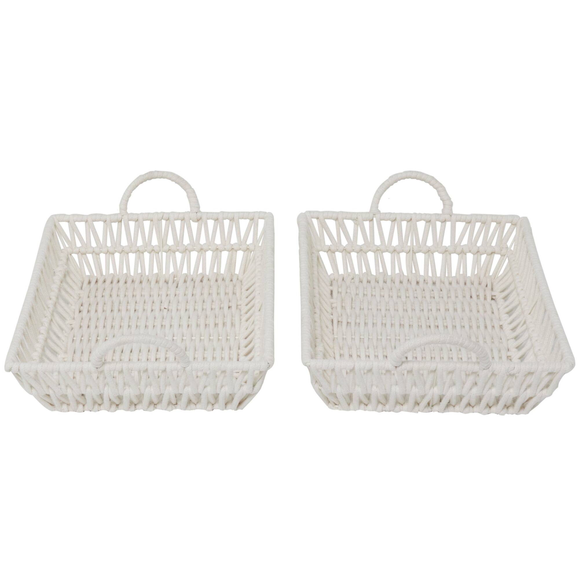 White Cotton Handmade Woven Storage Basket with Handles Set of 2 19", 18"